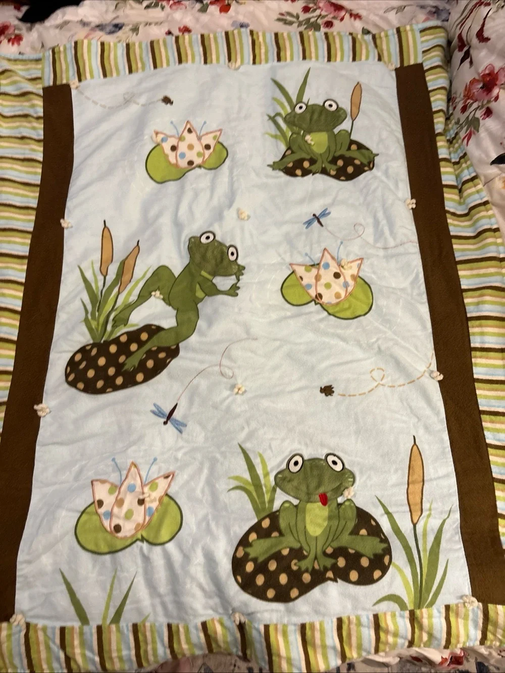 Frog Applique Baby Quilt in Blue and Green - Charming Nursery Bedding